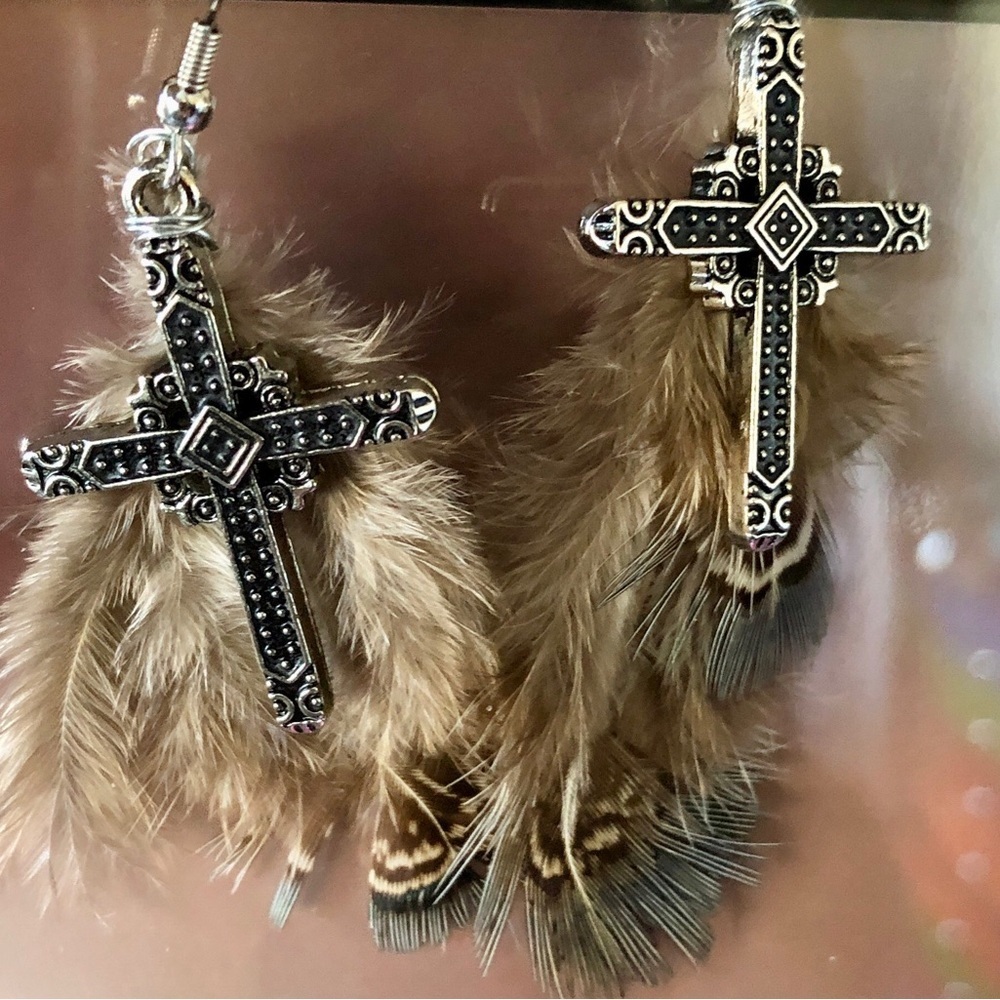 Boho Feather Silver Plated Cross Statement Earrings - Hand Crafted